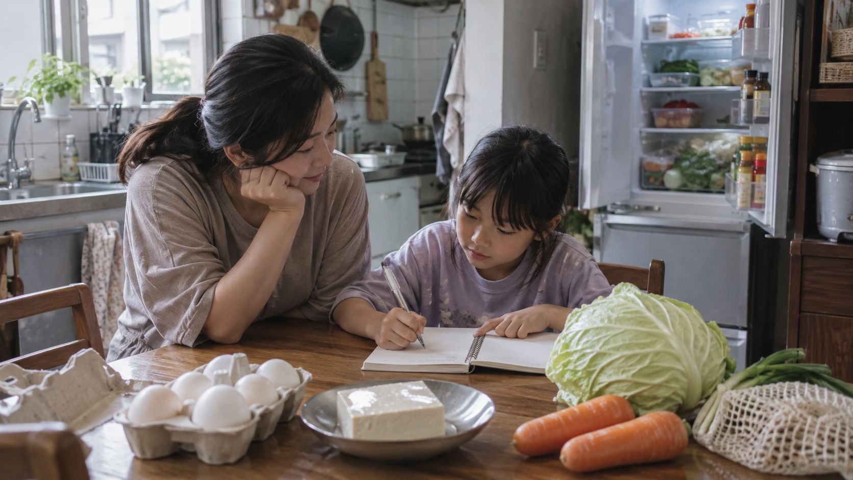 家長與孩子在餐桌旁寫採買清單,桌上有蛋、豆腐和蔬菜;AI 編輯示意圖。