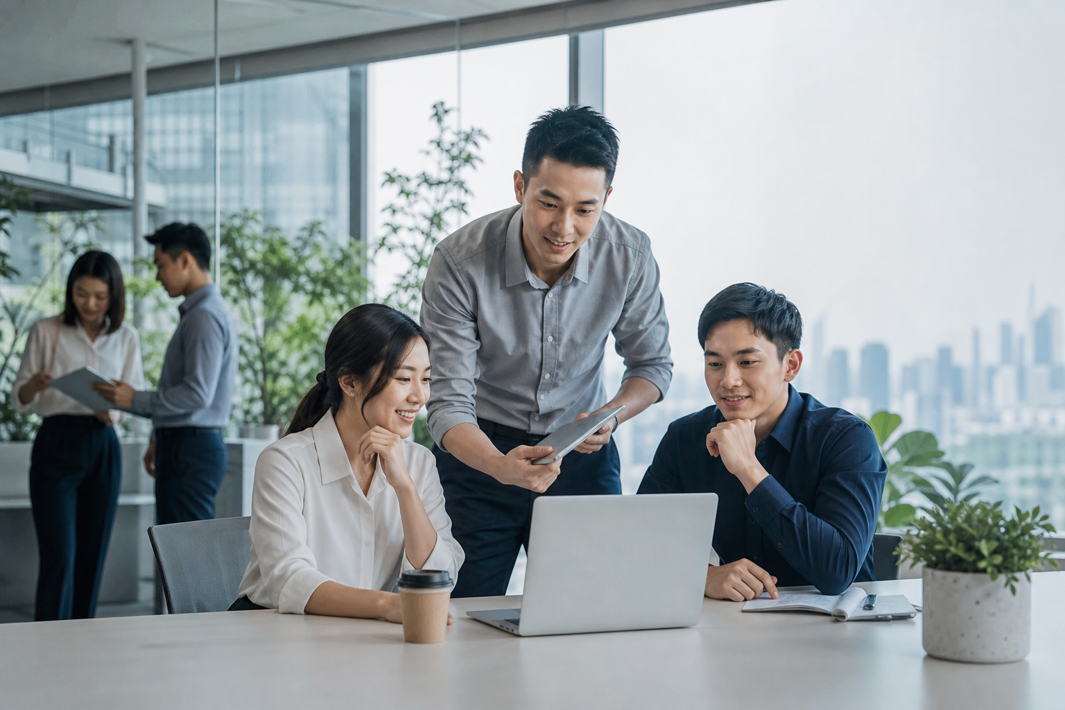 Illustration of Taiwanese business workers analyzing data flows related to traditional Chinese zodiac and earthly branches in a modern workplace setting