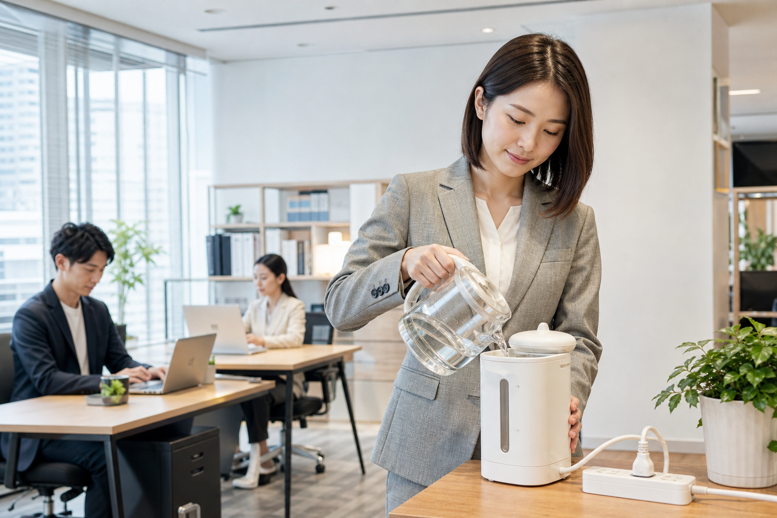 Illustration of Taiwanese business workers demonstrating safe selection and usage of household small appliances with visible certification marks and proper plug safety in a realistic Taiwan commercial or home setting