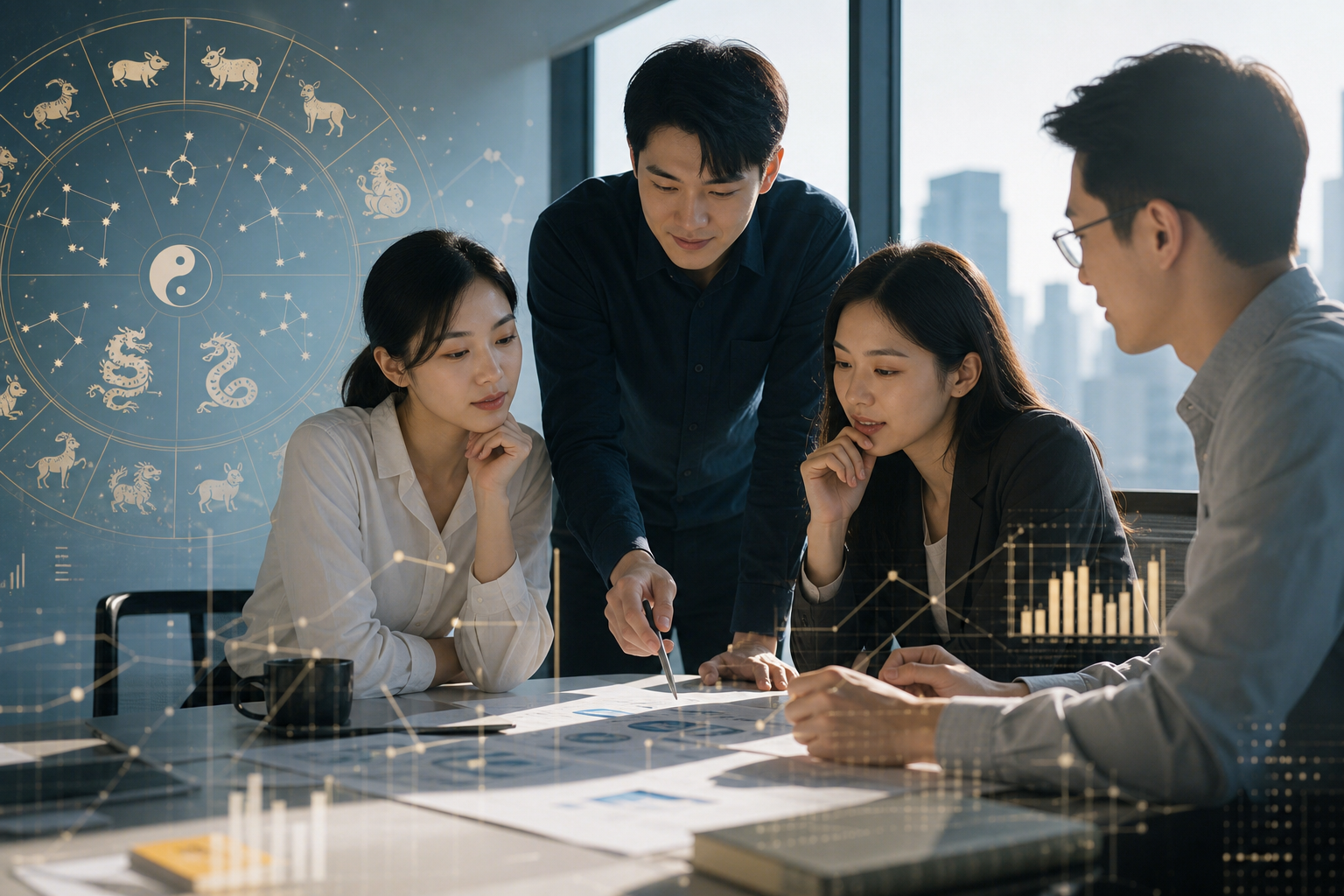 An editorial hero image showing East Asian business professionals in a modern Taiwanese office setting, interacting around cultural data analytics related to astrology and zodiac signs, with subtle data flow visual elements to reflect decision making and folk culture separation.