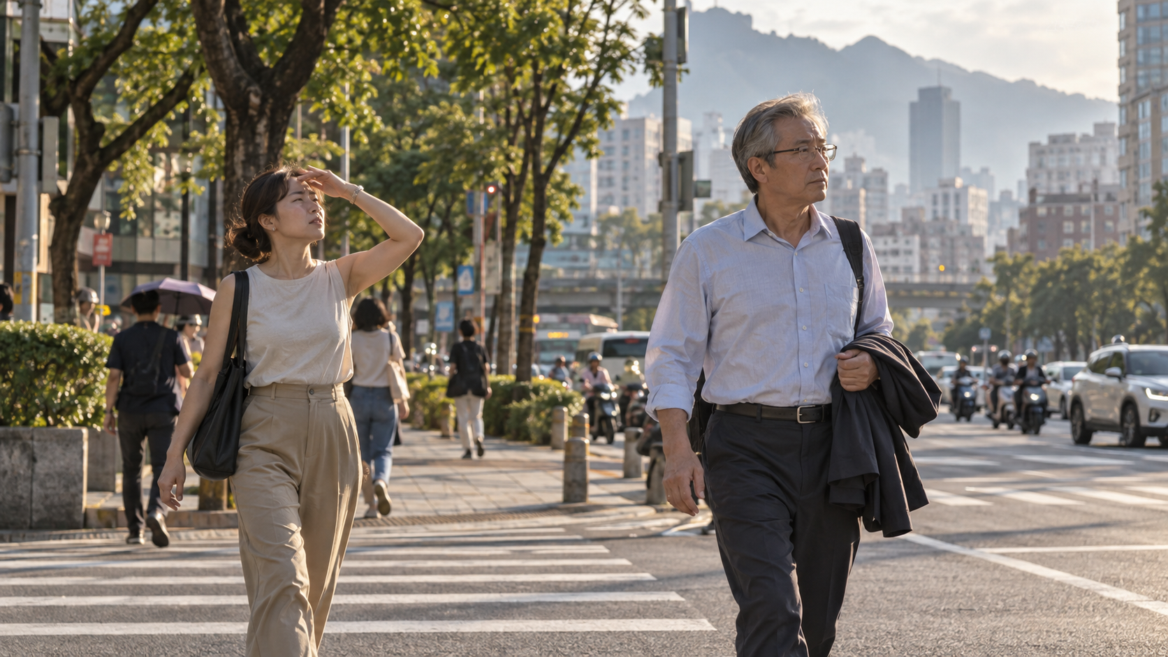 台灣秋日街頭,兩位不同年齡的行人在陽光下走過;AI生成天氣情境圖,非當日實景。
