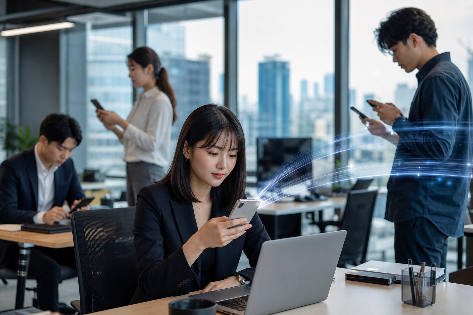 Show Taiwanese business workers in a modern office environment examining iPhone storage settings with subtle data-flow visuals indicating storage usage and optimization, reflecting realistic commercial and workplace context related to iPhone storage management