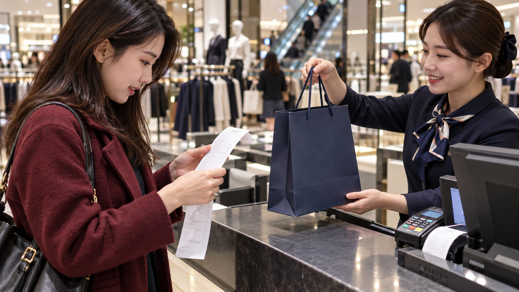 百貨顧客在結帳櫃台核對收據，店員遞上購物袋