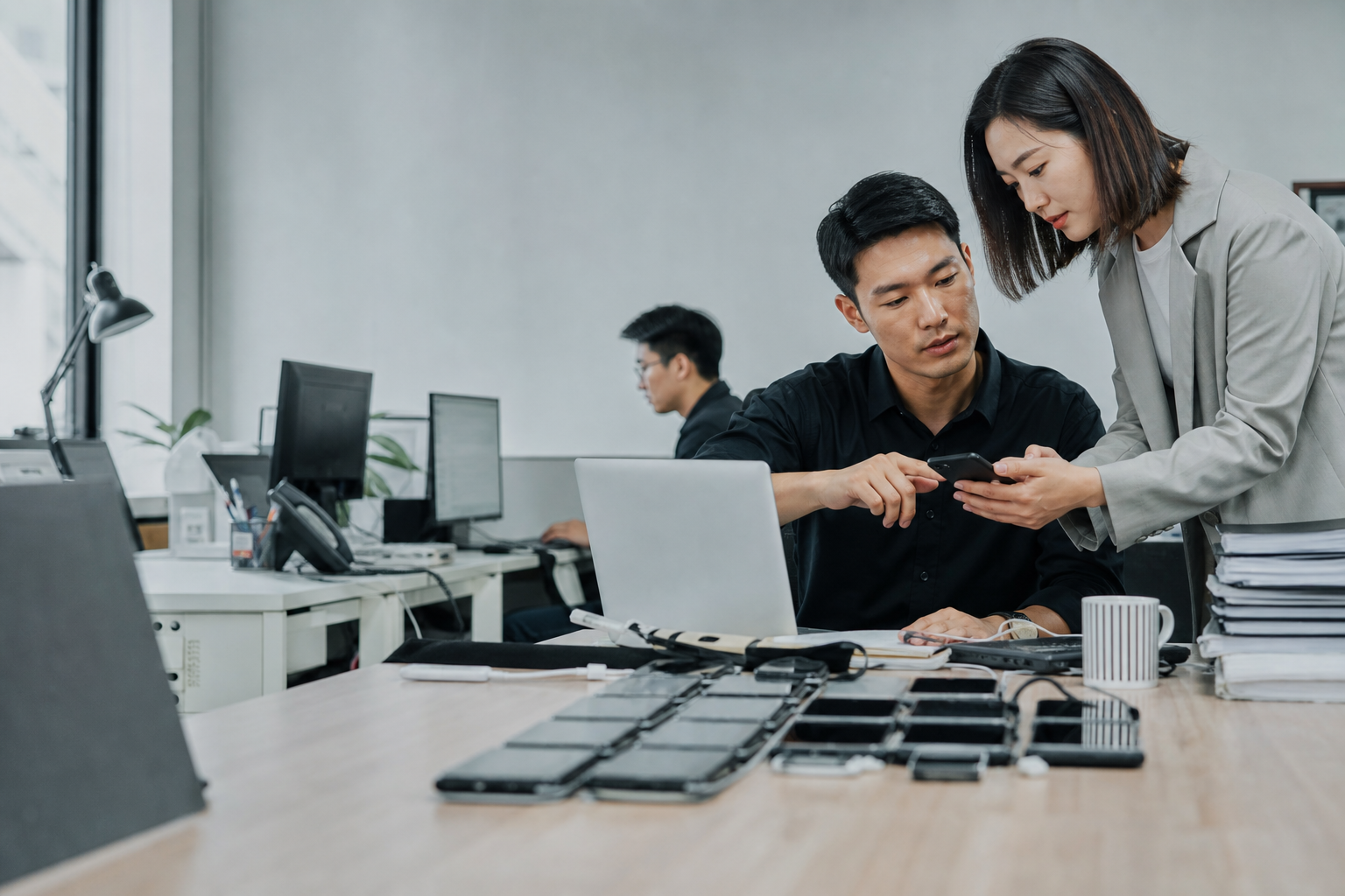 Illustration showing Taiwanese business professionals in a realistic office discussing Android phone storage cleaning with subtle data flow visualization
