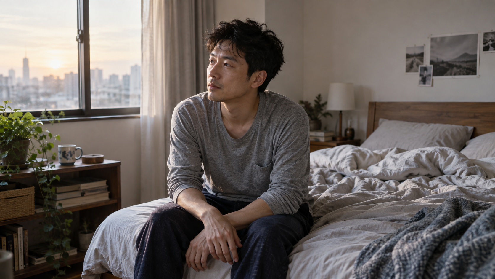 清晨醒來的成年人坐在床邊思考睡眠;AI 生成情境圖,非研究受試者。