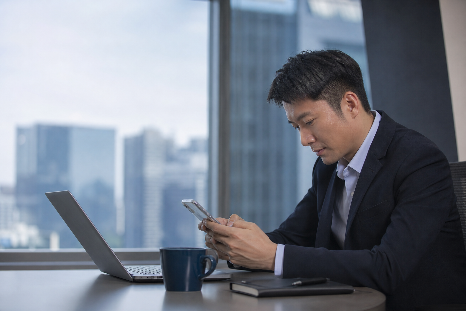 Illustration showing Taiwanese business workers in a modern commercial office environment, cautiously handling suspicious SMS messages and verifying information through official channels, highlighting cybersecurity awareness in the workplace.
