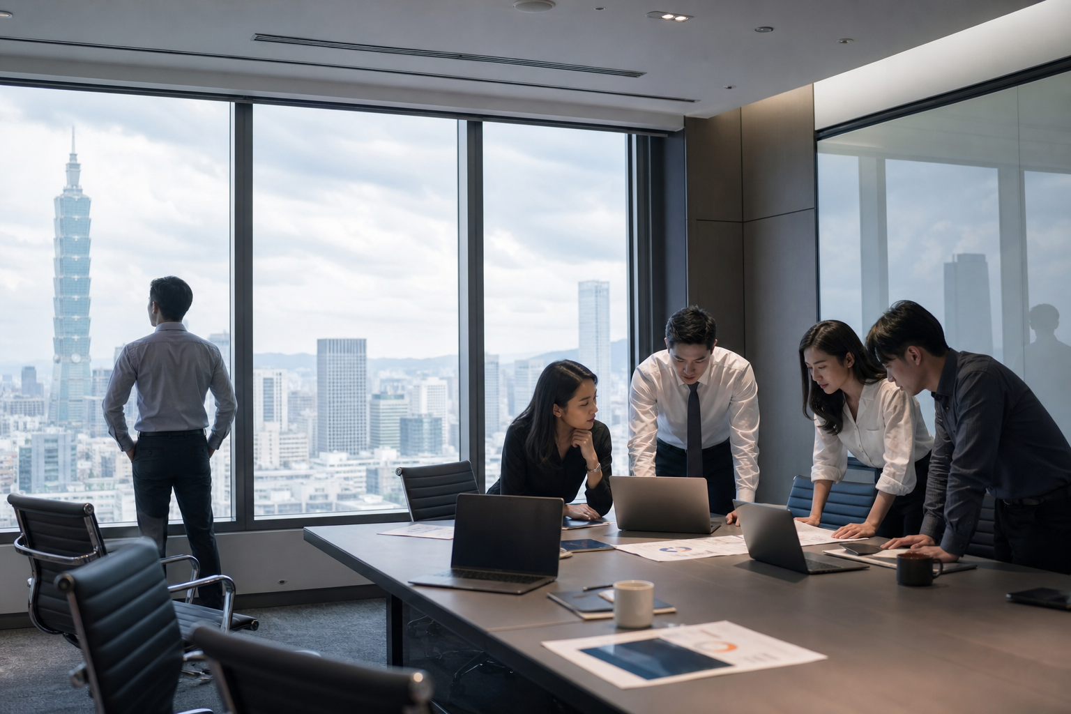 Visual representation of a professional and diverse Taiwanese business environment preparing for an international culture and technology forum with data-driven themes