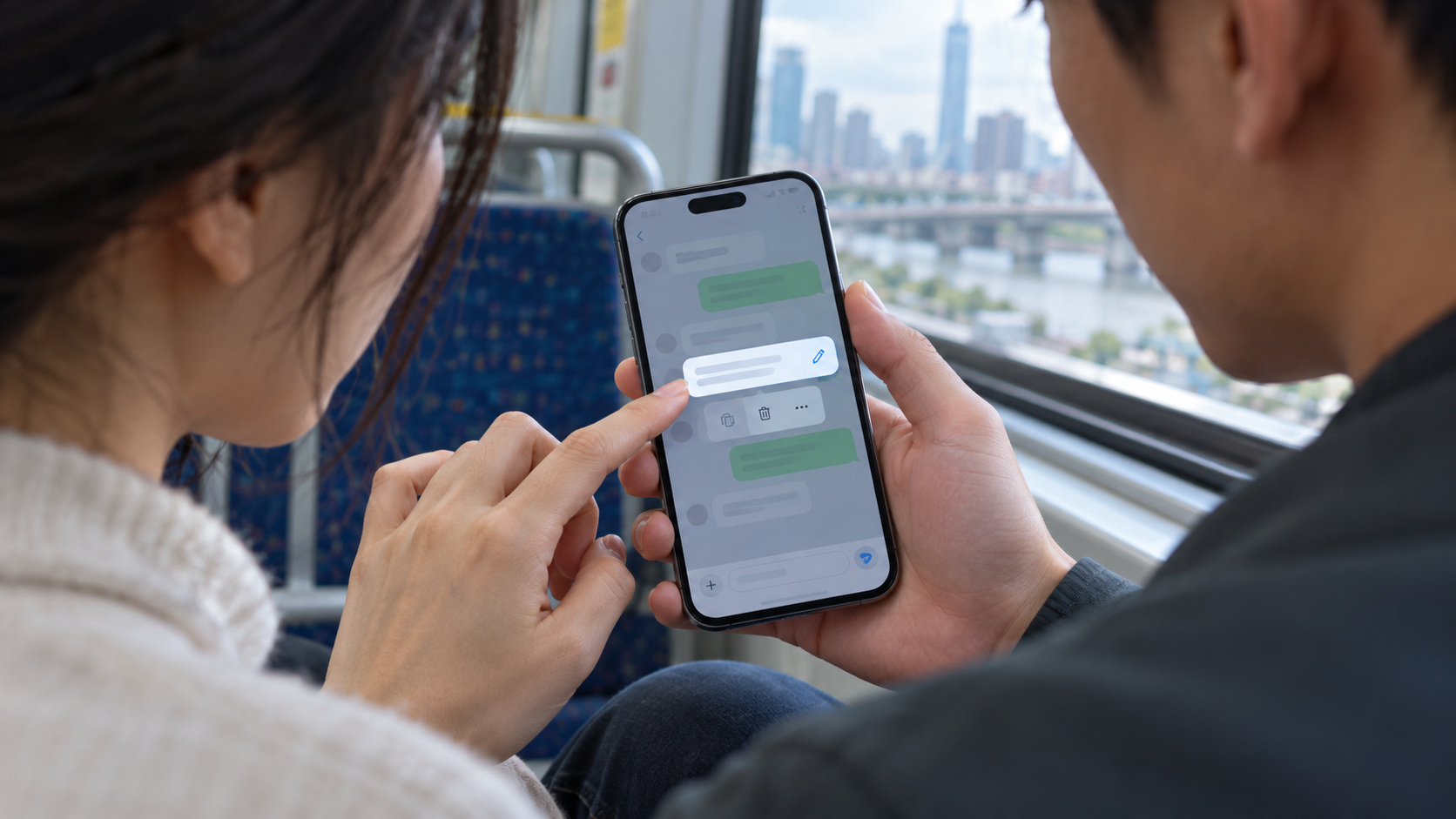 通勤者查看手機訊息與會員功能;AI 情境示意,非 LINE 實際介面