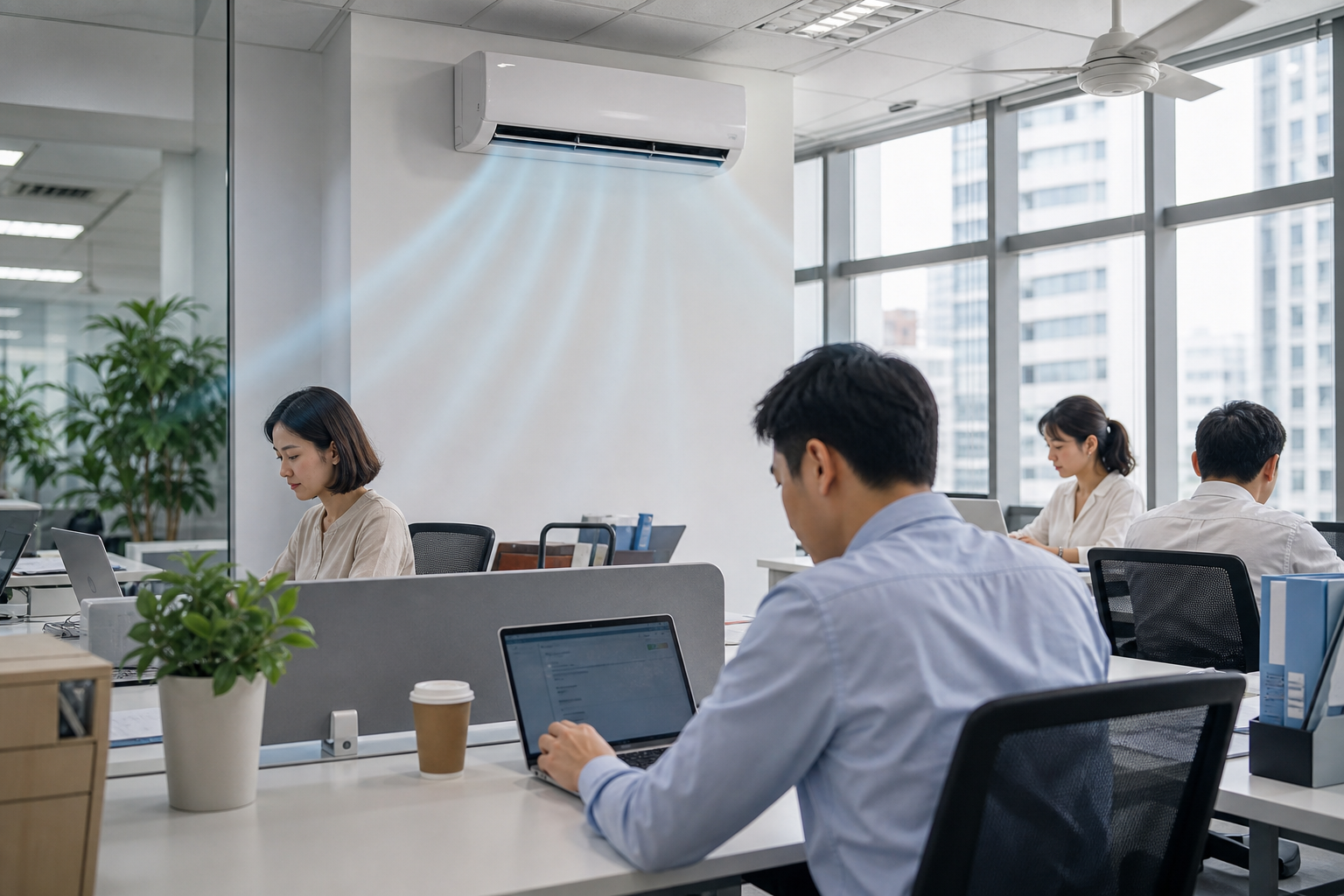Visual representation of a realistic Taiwanese office environment during summer, showing business workers adjusting air conditioning and electric fans based on Taipower energy-saving guidelines, with subtle data-flow style graphic elements indicating air circulation and energy efficiency principles.