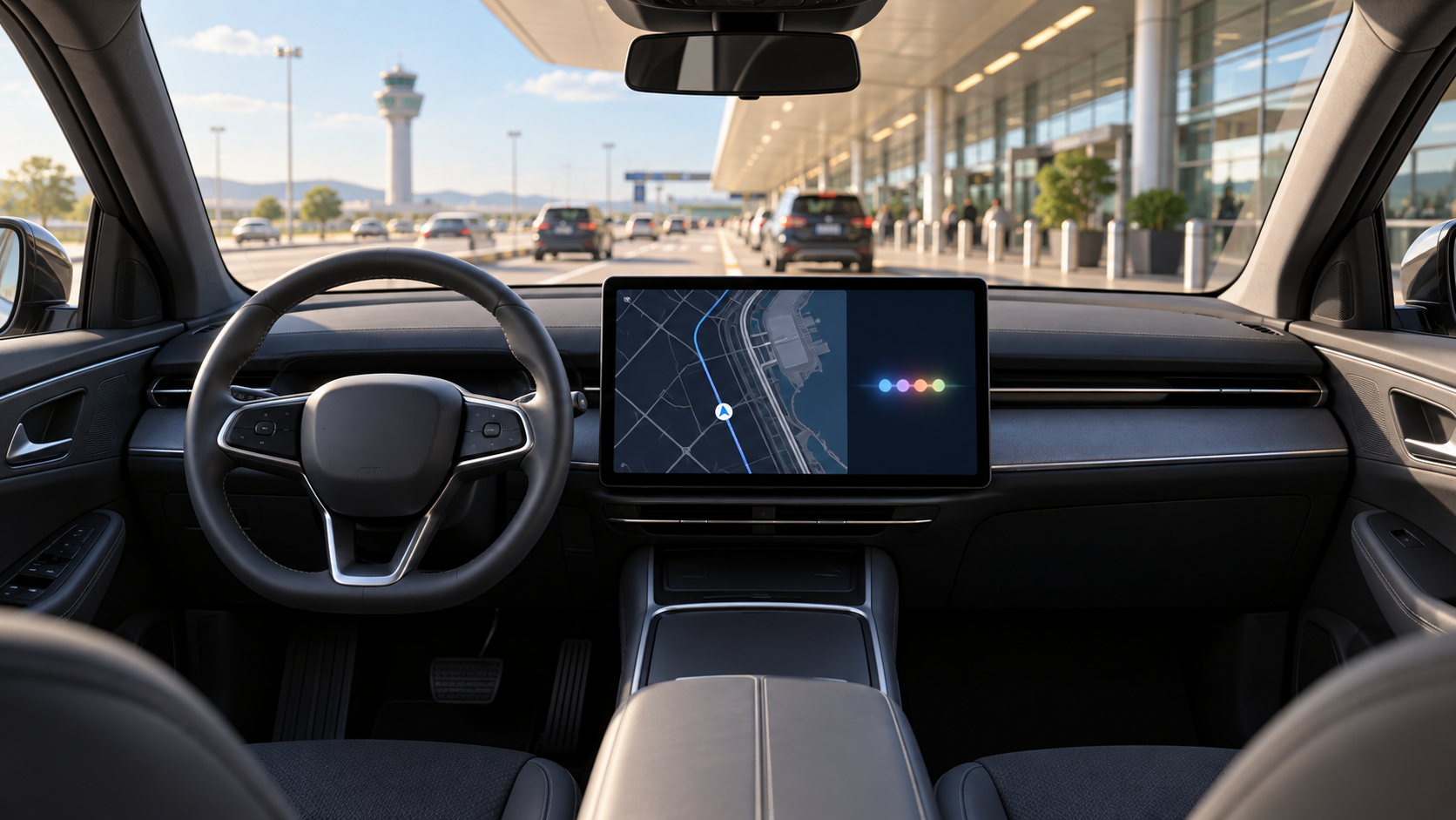 停妥車輛的車載語音助理概念;AI生成,非Google正式介面或特定車款實拍。