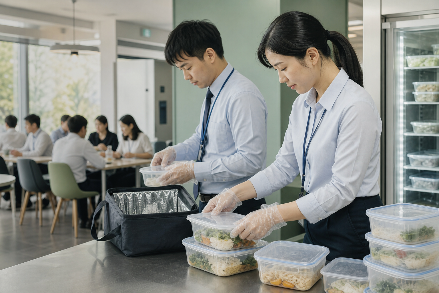 Visualize Taiwan business workers following official food safety guidelines for leftover food storage in a commercial or workplace setting