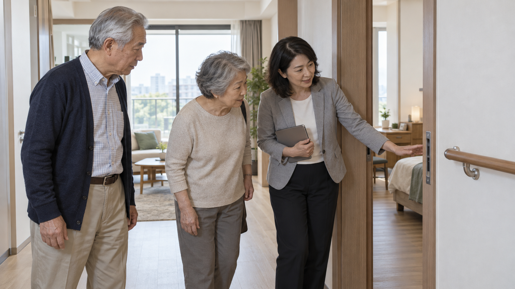 銀髮夫妻與家人在無障礙住宅參觀;AI 生成情境圖,非特定建案。