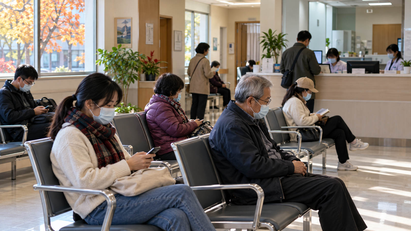 醫療院所候診區的不同年齡民眾;AI 生成新聞情境示意圖。