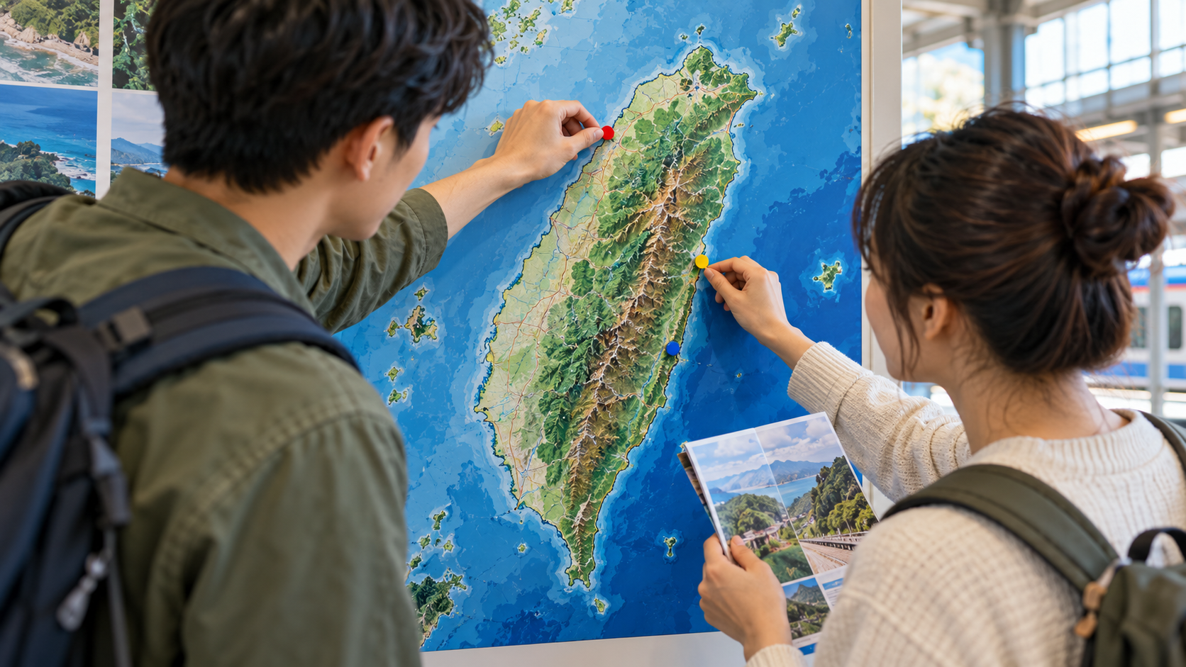 兩名旅人面對台灣地圖討論行程，手指標記旅行目的地