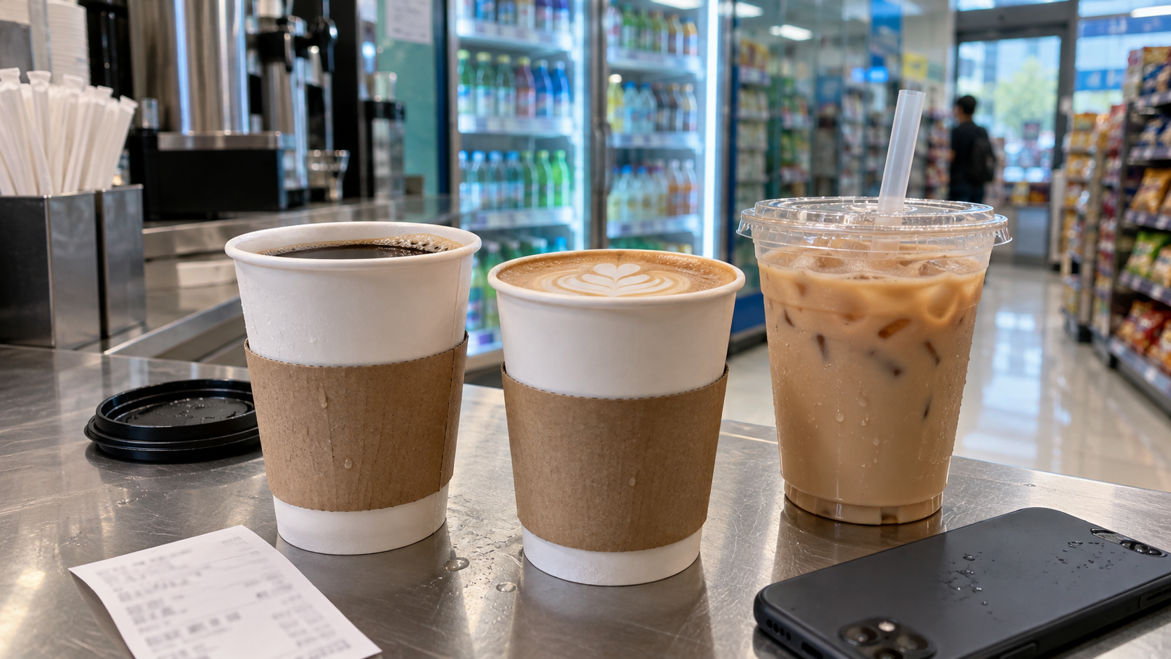 超商櫃檯上的咖啡與茶歐蕾飲品;AI 情境示意,非活動商品