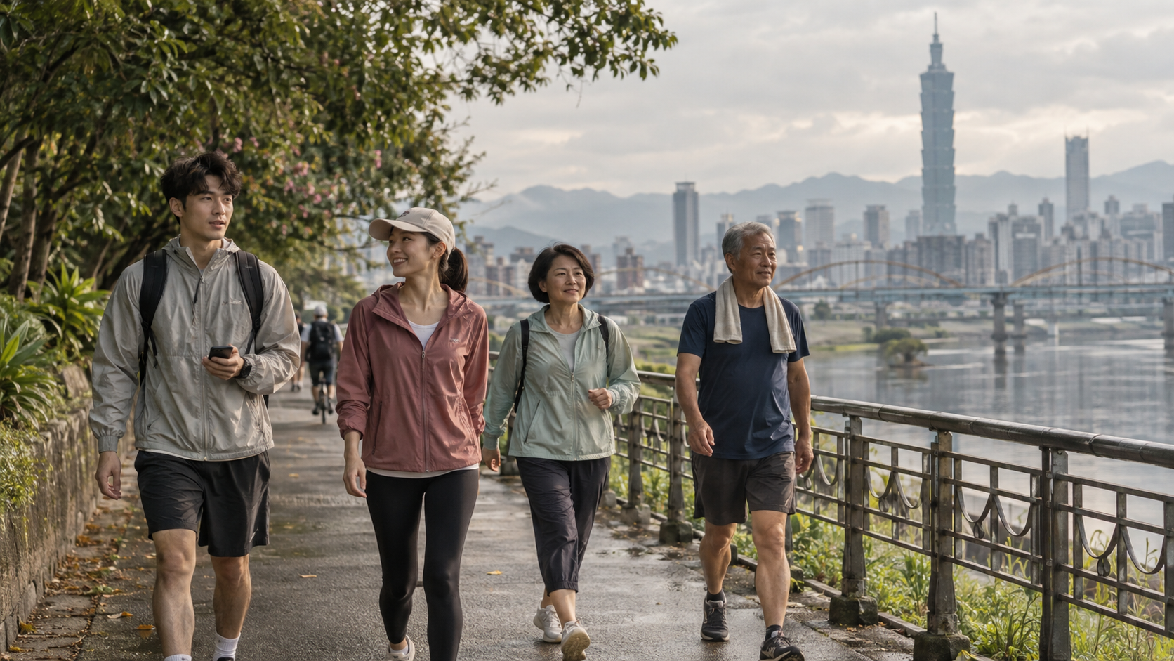 不同年齡的民眾在台北河濱步道散步,呈現日常增加活動量的情境