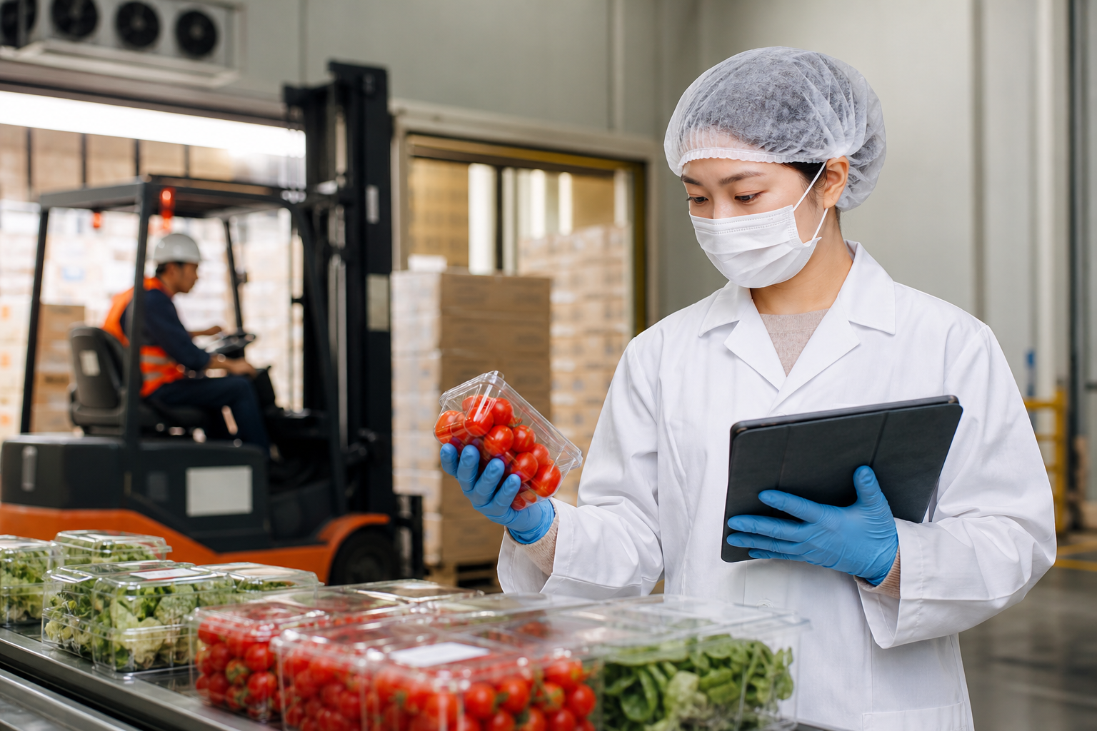 Show a realistic scene of Taiwanese workers in a commercial food safety setting, handling frozen seafood products with attention to product recall details including batch numbers and expiration dates, featuring data-flow elements indicating tracking and recall process.