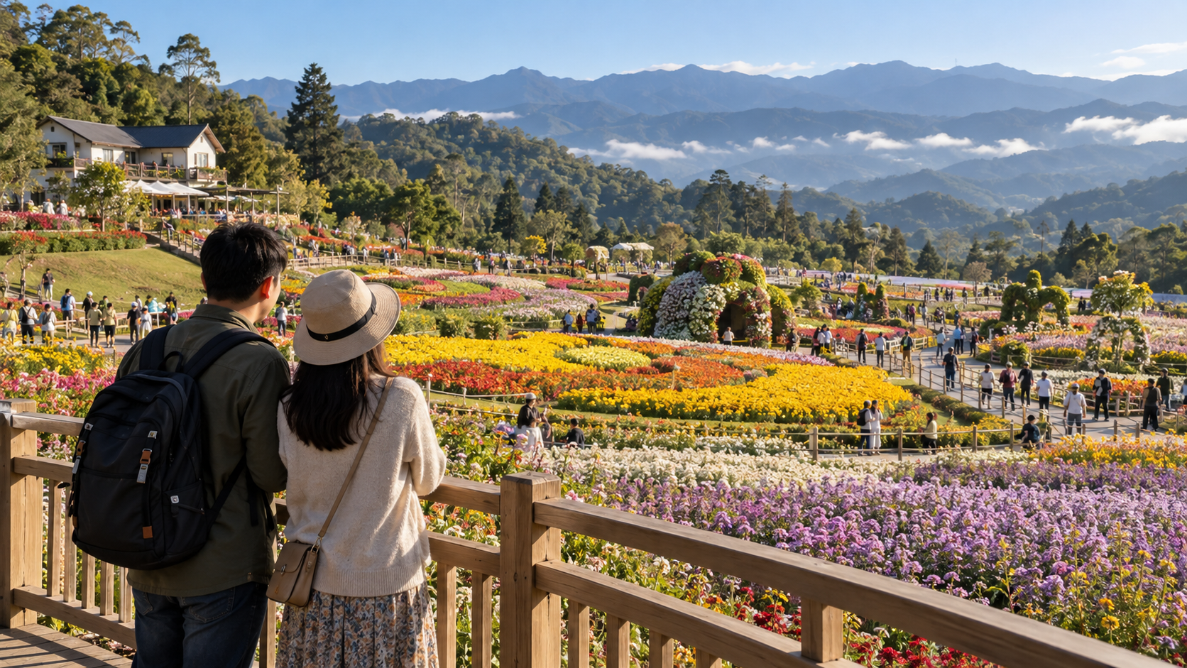 花景中散步的旅人,非實際活動現場;AI 生成情境示意圖。