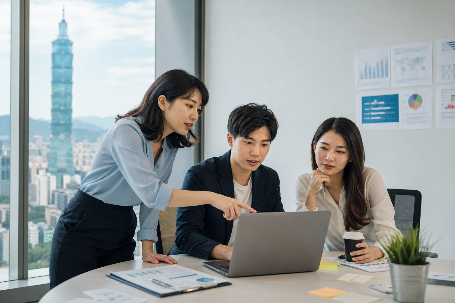 Illustration of Taiwanese business professionals collaborating in an office setting, emphasizing communication, boundary setting, and coordination rhythms related to interpersonal advice for 12 zodiac signs.