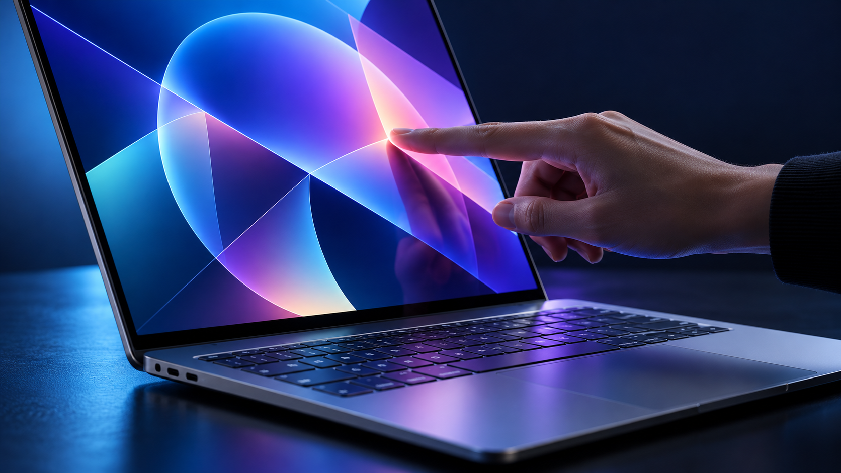 觸控筆電概念情境;AI生成,非Apple產品照,外觀與介面不代表未發表機型。