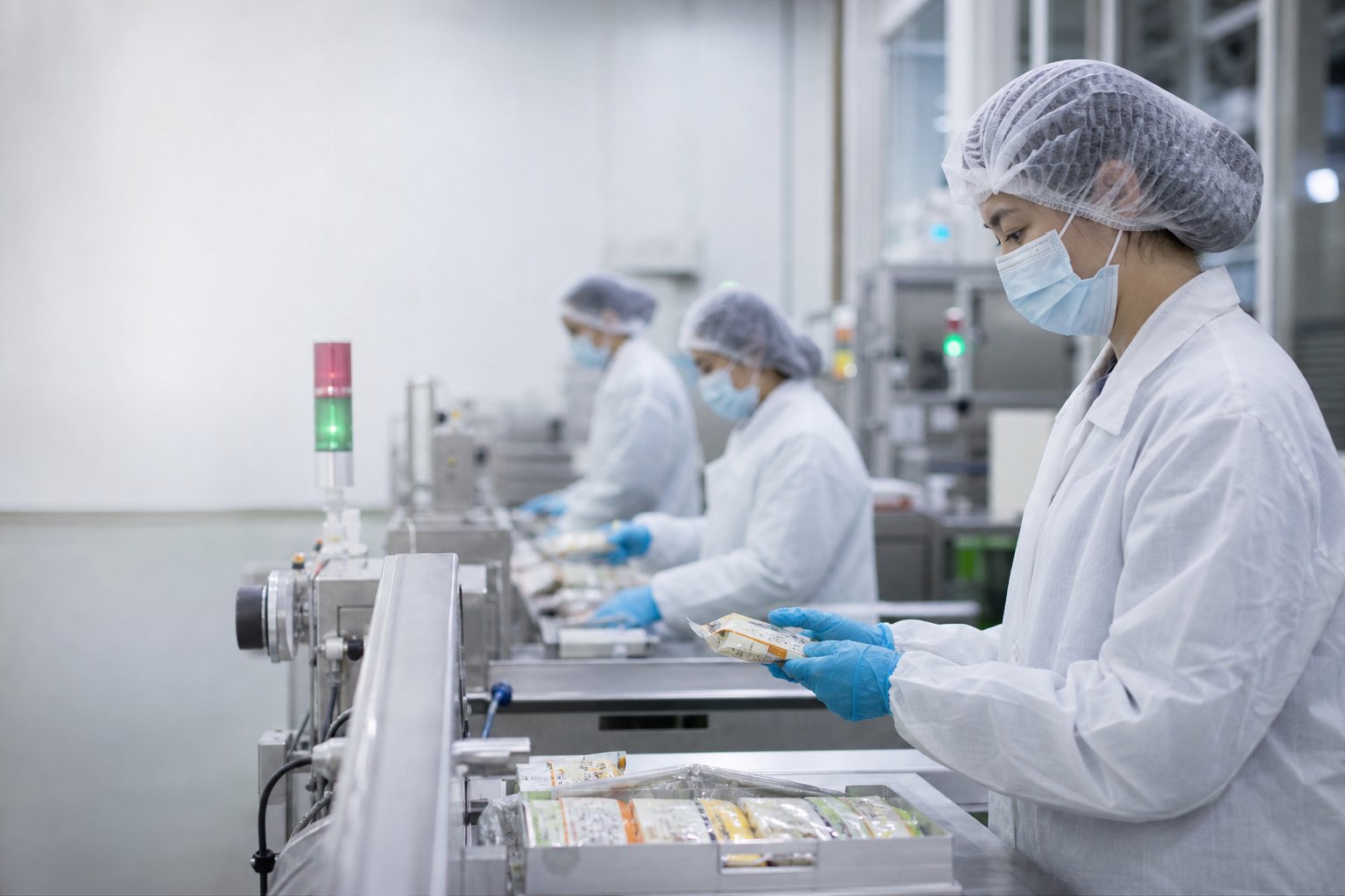 Editorial hero image showing Taiwanese business workers in a realistic workplace inspecting cheese products with data/label information visible, conveying alert and recall process management for food safety.
