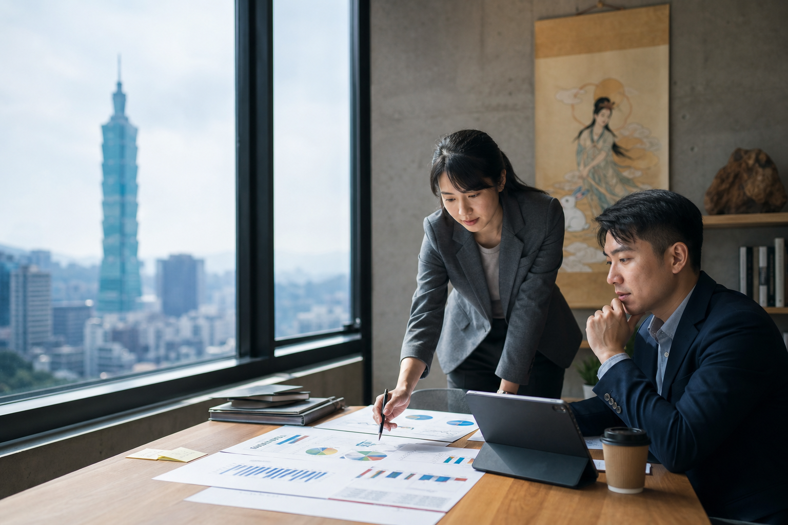Illustration of Taiwanese business professionals in a realistic office setting analyzing data, incorporating subtle zodiac and folk story references