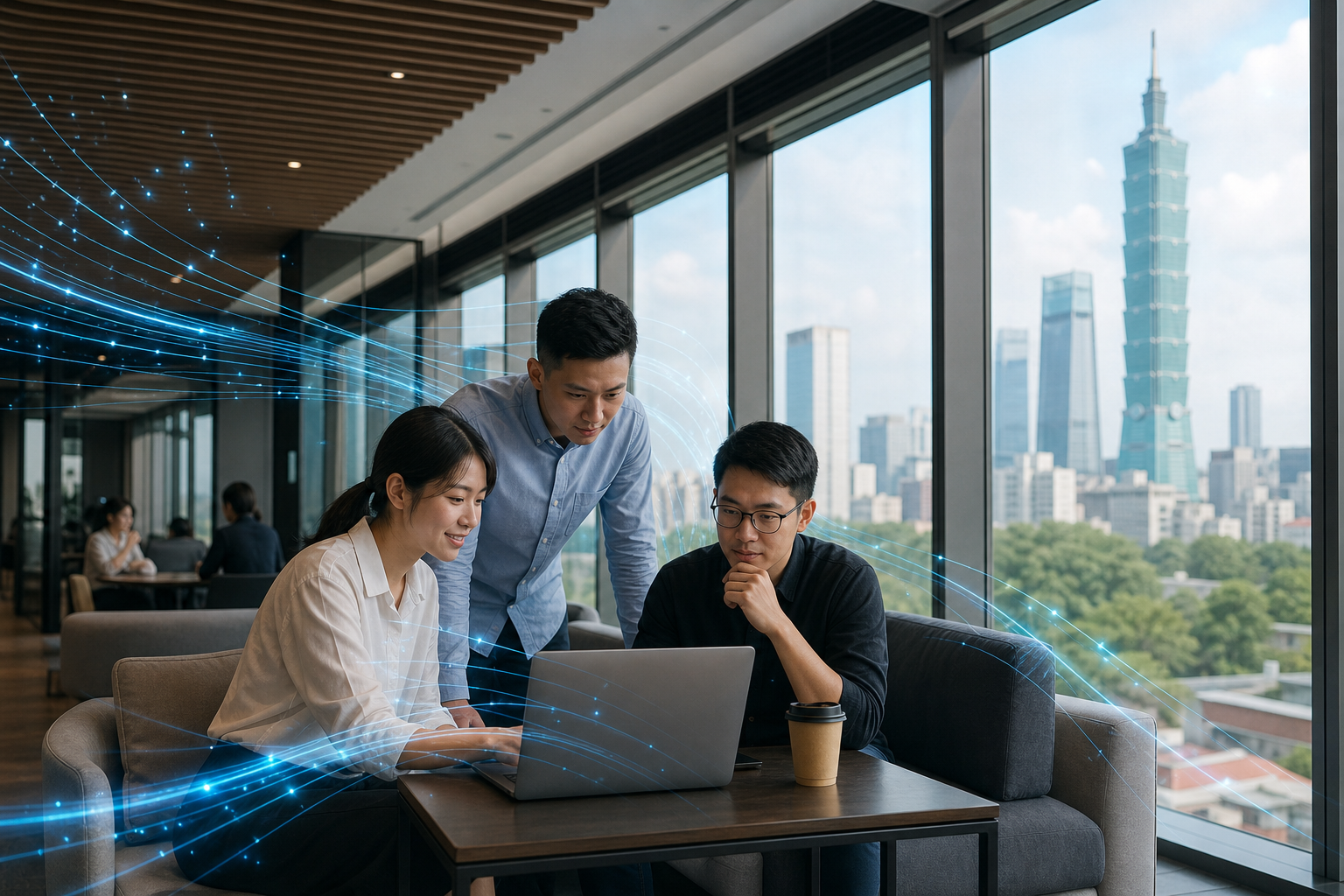 Illustration of Taiwanese East Asian adult workers in a commercial office environment discussing or analyzing sleep duration data related to different age groups, featuring subtle data-flow cues to emphasize information sharing and business context.