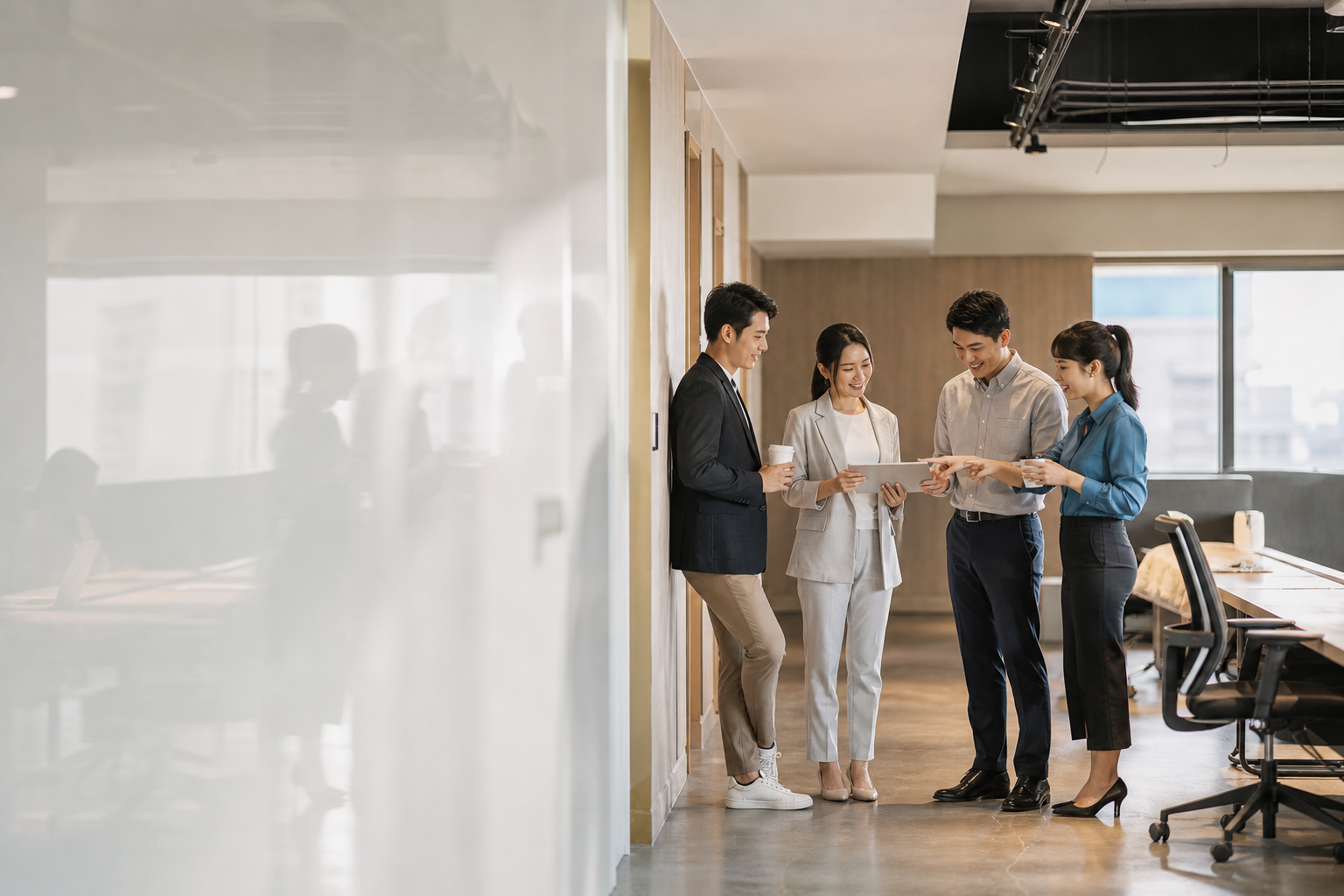 Asian business professionals cooperating at a modern Taiwanese office, showcasing communication and teamwork with subtle data flow visuals in the background, suitable as editorial hero image for an astrology related interpersonal advice article