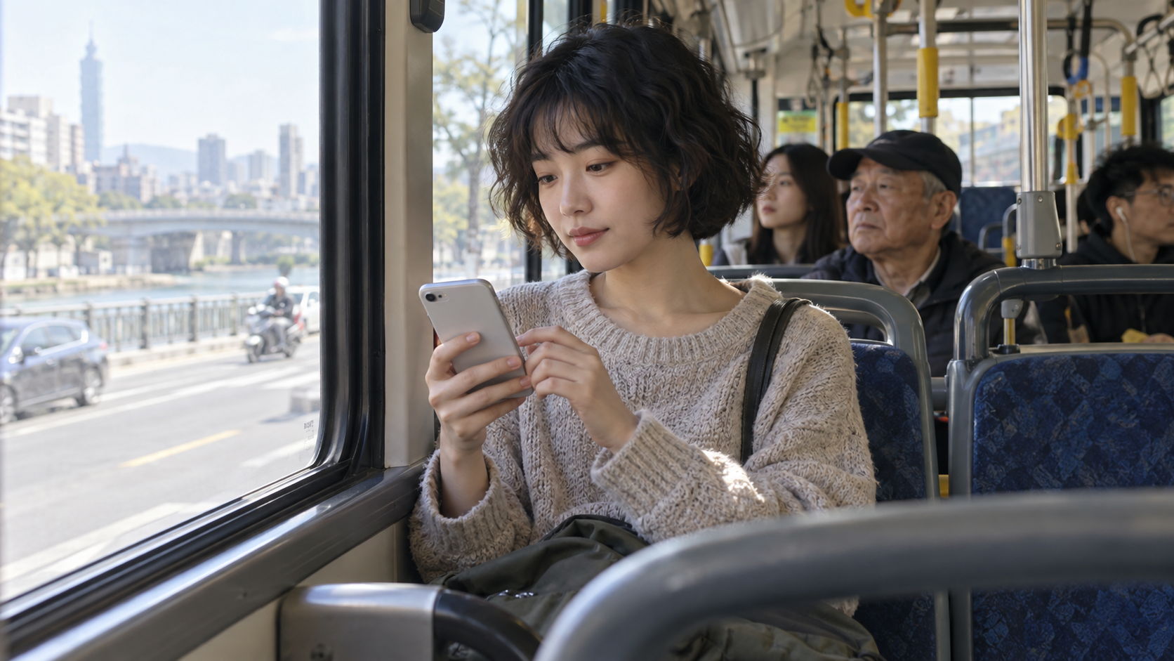 台灣公車乘客查看手機的情境;AI 生成示意圖,非實際功能畫面。