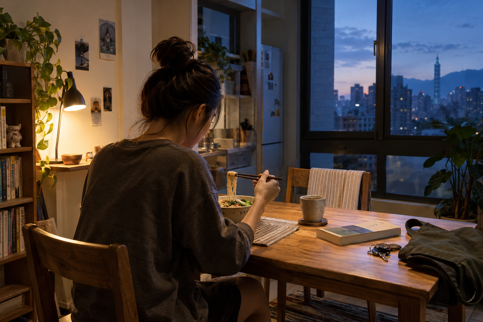 AI 生成示意圖:一位台灣上班族在傍晚的住家餐桌前,獨自吃一碗簡單的晚餐,桌上有茶杯、書和鑰匙。