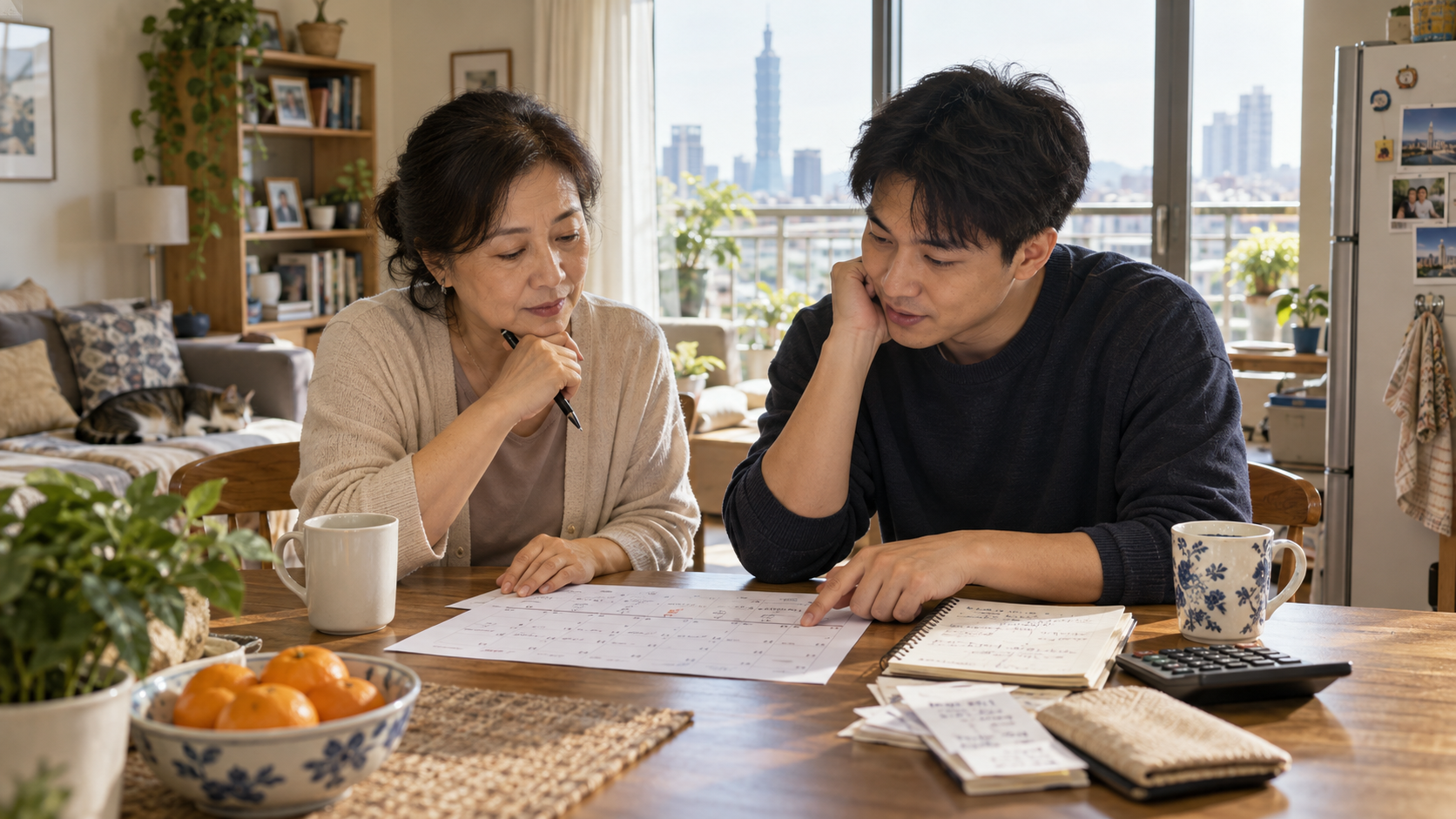 台灣家庭核對日曆與預算,示意 2027 普發現金最快入帳時間仍待預算審議