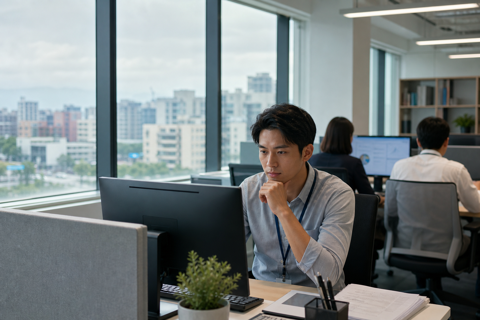 Visual of Taiwanese business workers in an office managing Windows storage and cleanup using Windows Storage Sense and cleanup suggestions, realistic commercial workplace setting with data-flow cues