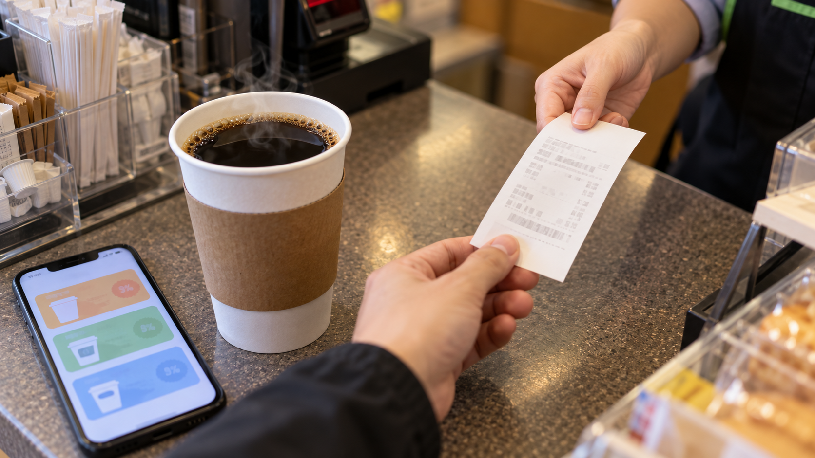 超商咖啡杯、手機與購買明細擺在櫃檯;AI 生成新聞情境示意圖。