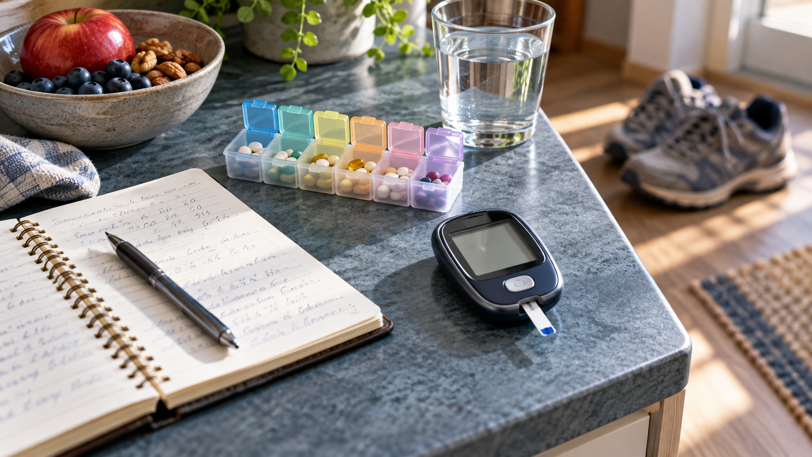 桌面上擺著血糖機、紀錄本、藥盒與水杯,後方可見步行鞋。AI 健康新聞示意圖。