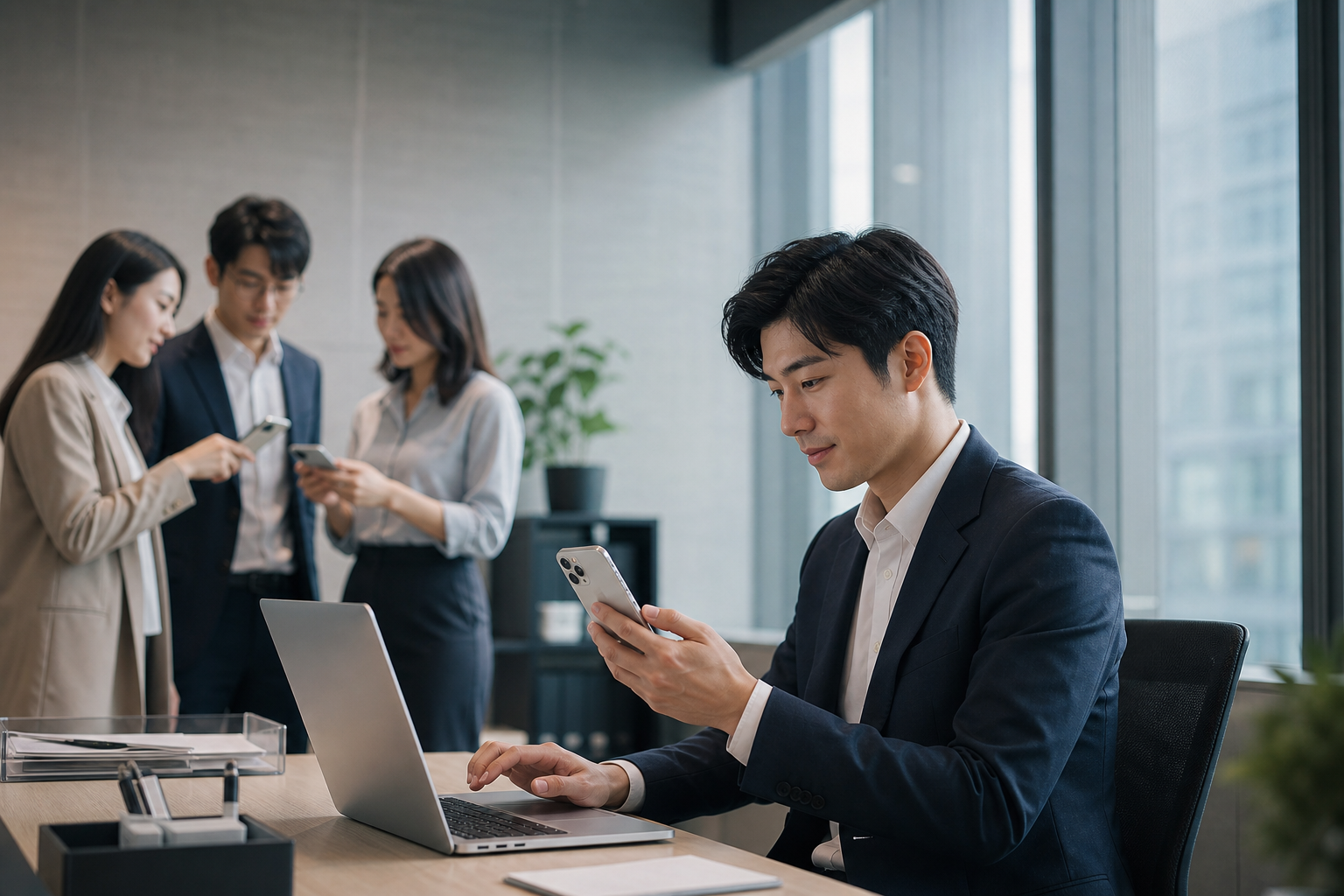 Visualize Taiwanese business professionals engaged in iPhone backup and update preparations in a realistic office/workplace setting with subtle data flow and storage visual cues.