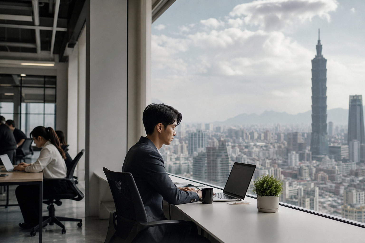 A realistic editorial hero image depicting Taiwanese or East Asian business workers in a commercial setting related to used car transactions, highlighting the verification of original car parts and inspection process before contract signing, with elements like documents, data, and evidence visibly integrated in a natural workplace environment.
