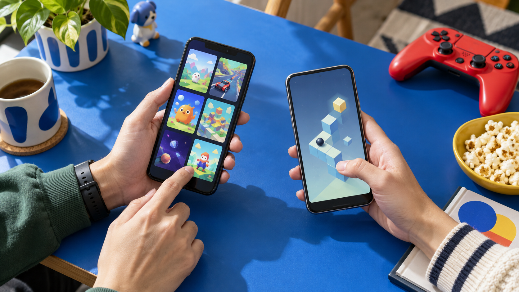 兩人從俯視角度用手機比較遊戲;AI 情境示意,非 Google Play 實際介面