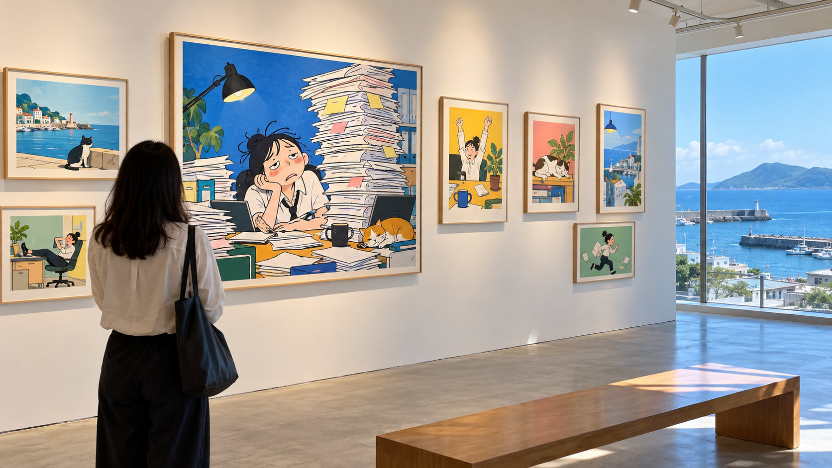 觀看職場主題插畫展的概念情境;AI生成,非看海美術館實景,畫作與展場均為虛構示意。