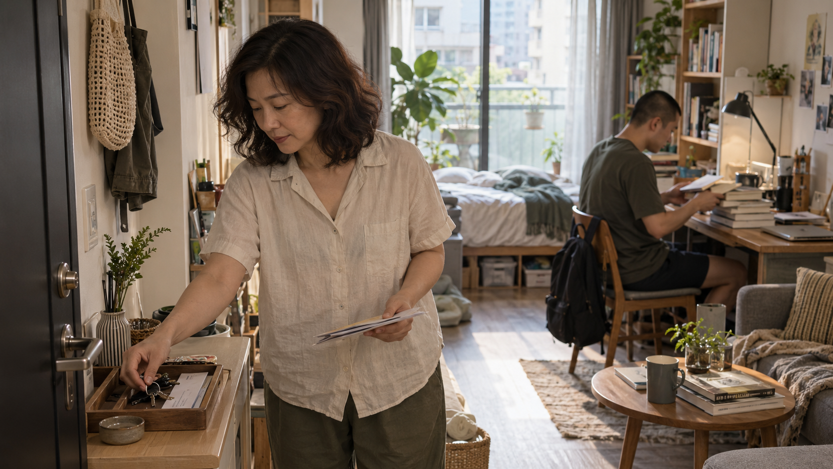 台灣小套房裡,一名住戶把鑰匙和信件放進玄關托盤,另一人整理書桌