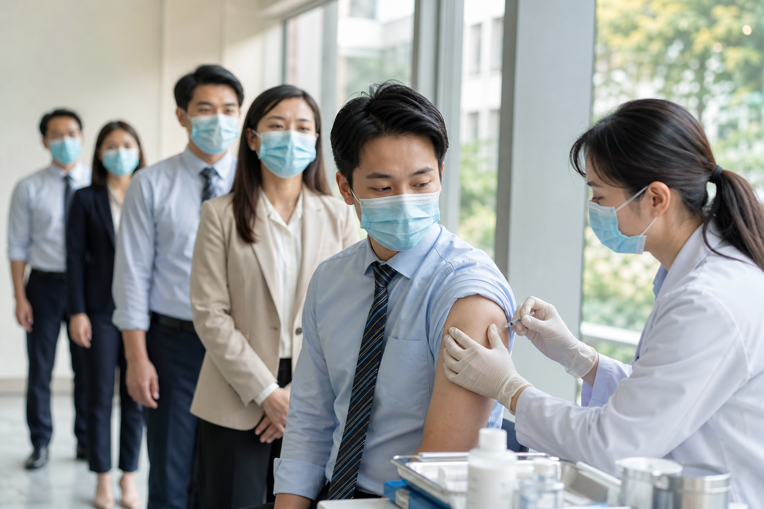 A realistic illustration of Taiwanese East Asian business workers in a vaccination clinic or medical setting, engaging with healthcare professionals discussing influenza season prevention measures, showing informational materials and subtle data flow cues in workplace environment, suitable as editorial hero and OG image for health article.