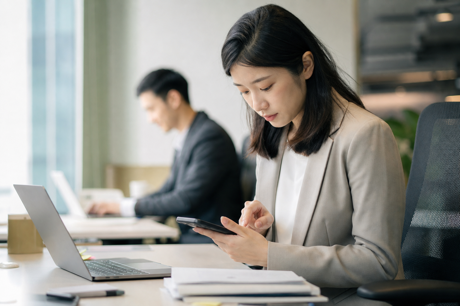 An editorial hero image showing Taiwanese business professionals in a modern office environment examining mobile phone storage usage with digital data flow elements indicating apps, photos, and downloaded files, representing device storage cleaning and management.