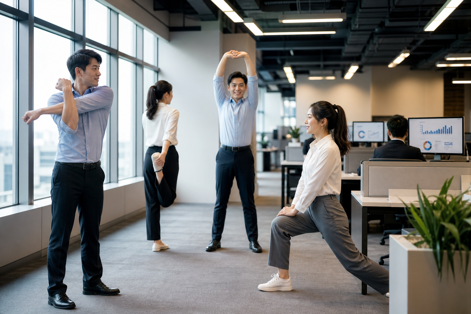 Image of East Asian business workers in a Taiwan office performing light exercise or movement during work breaks highlighting healthy activity rhythm for sedentary office workers.