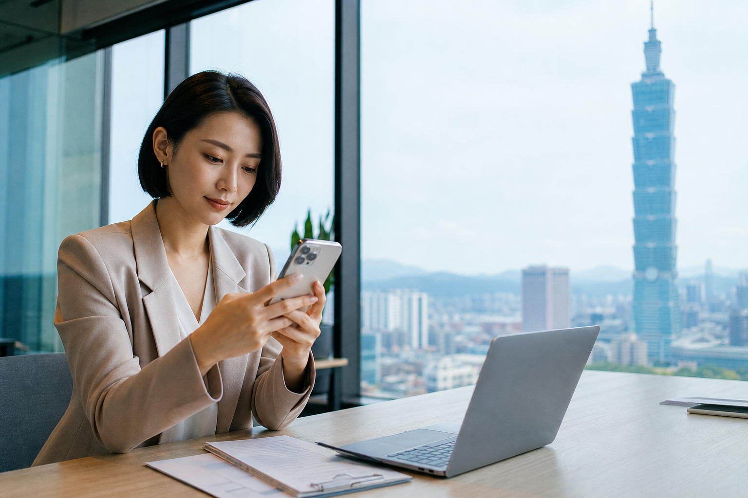 Editorial hero image illustrating Taiwanese business professionals using the new iPhone 18 Pro and iPhone 18 Pro Max in a modern office setting demonstrating advanced features and enhanced battery life.