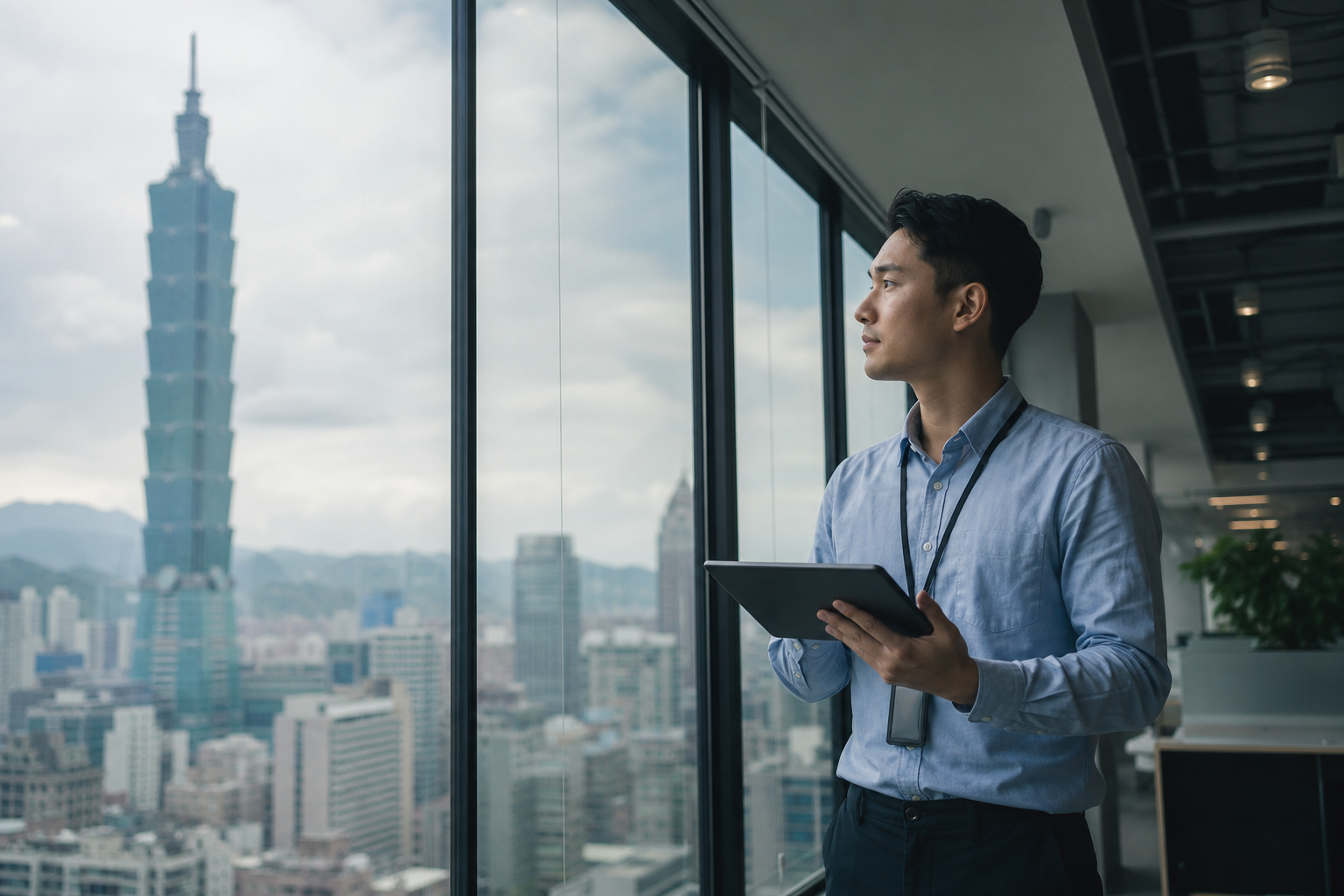 Taiwanese East Asian business professionals in a modern office setting, discussing or collaborating with visible data-flow elements to depict communication and cooperation rhythm, aligned with horoscope and entertainment theme, editorial hero image for business article