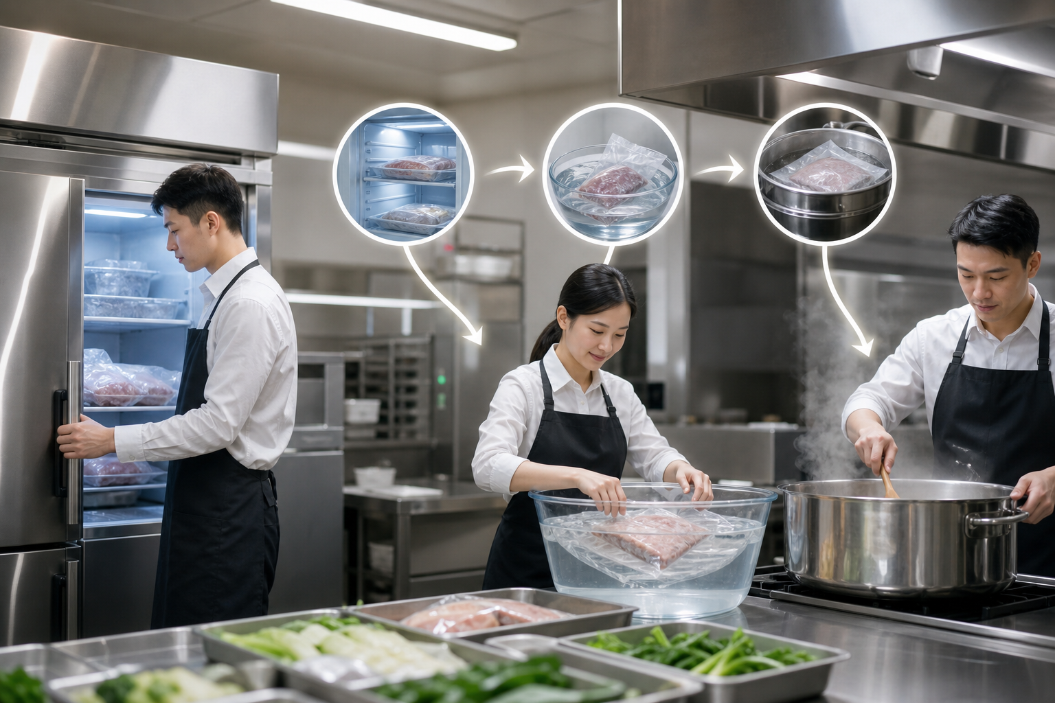 Visual illustration of safe food thawing methods in Taiwanese commercial kitchen context with business professionals