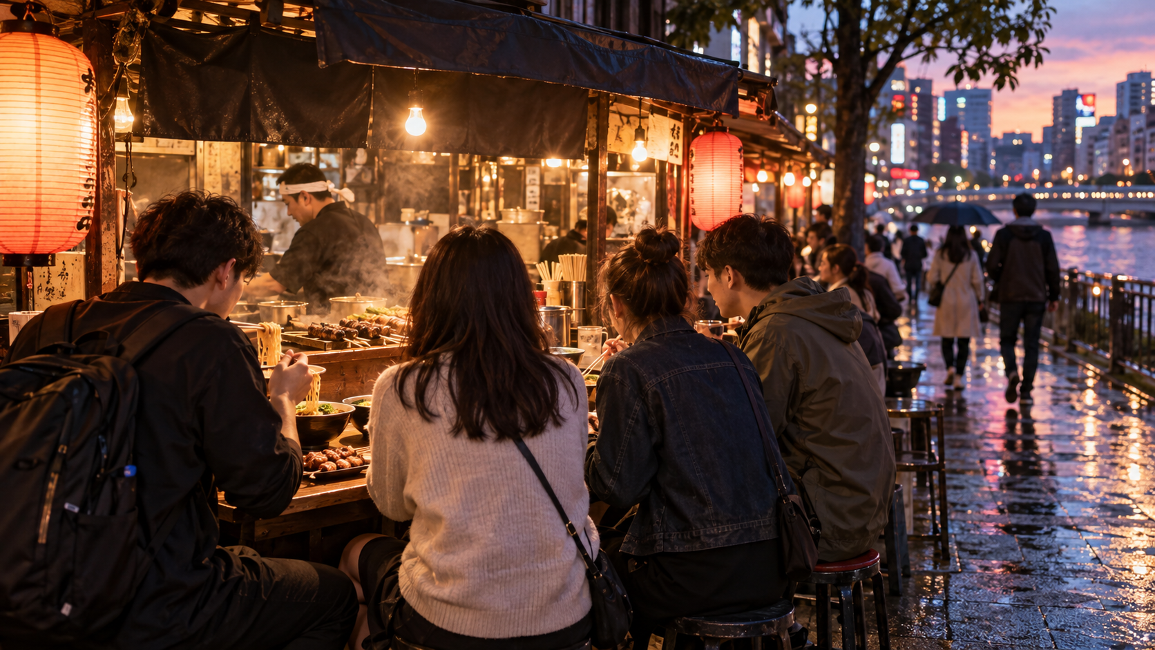 日本城市夜晚的屋台與多位旅客,呈現福岡短天數旅行的 AI 情境示意