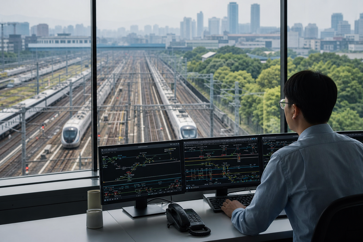 Depiction of a modern Taiwan railway central control center with East Asian business workers overseeing digital railway safety systems