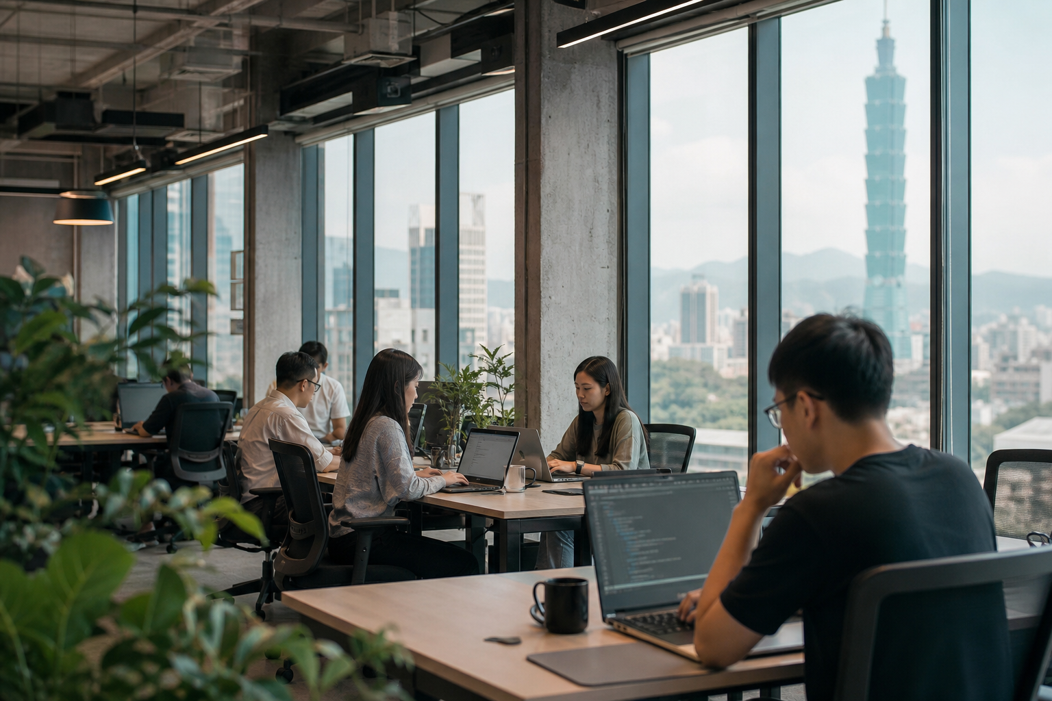 Editorial hero image showing Taiwanese business workers in a realistic office environment analyzing official announcements and data flows related to public information verification.