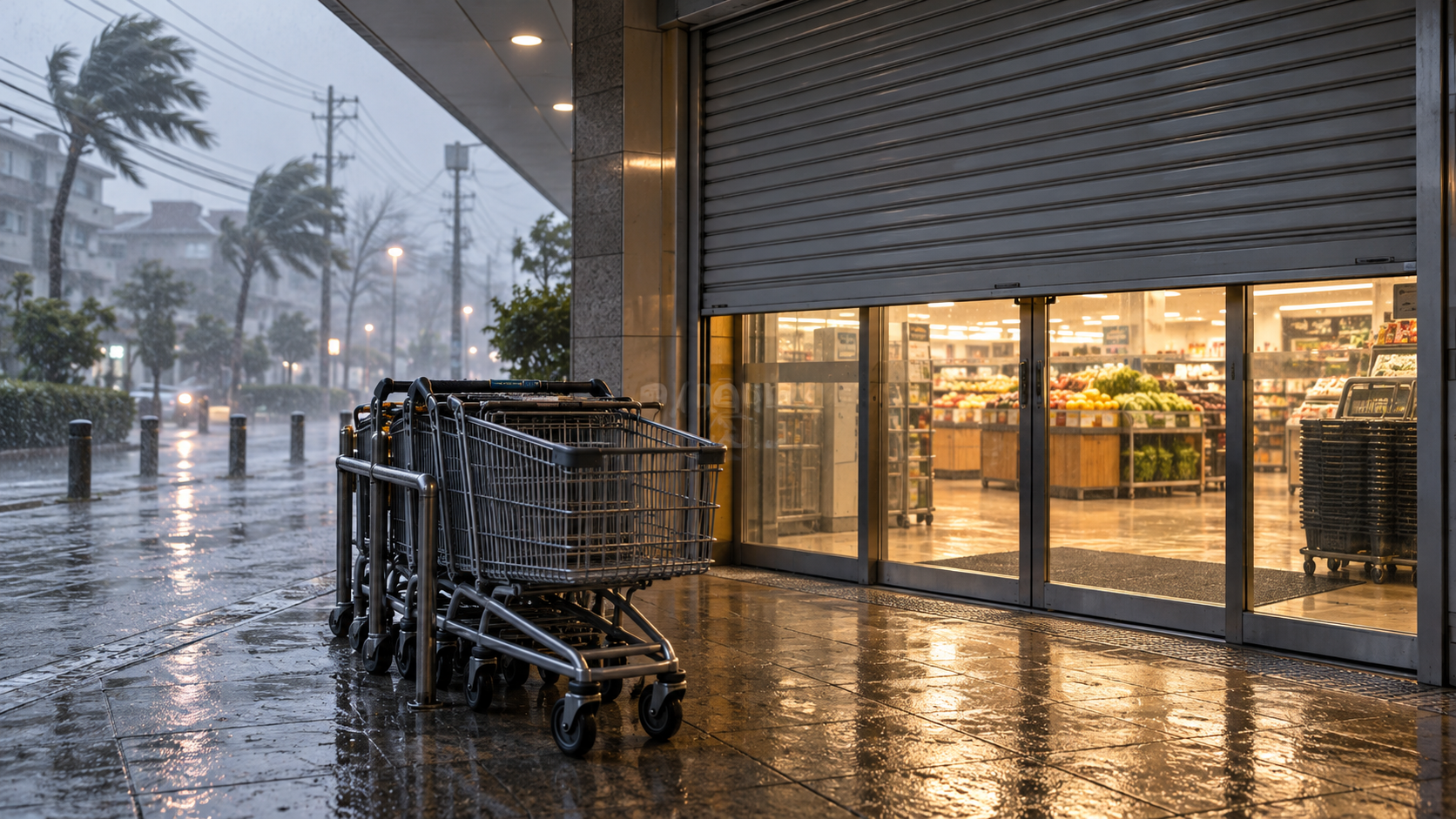 雨天賣場入口情境示意;AI生成,非全聯、好市多實際門市,也不表示任何門市已停業。