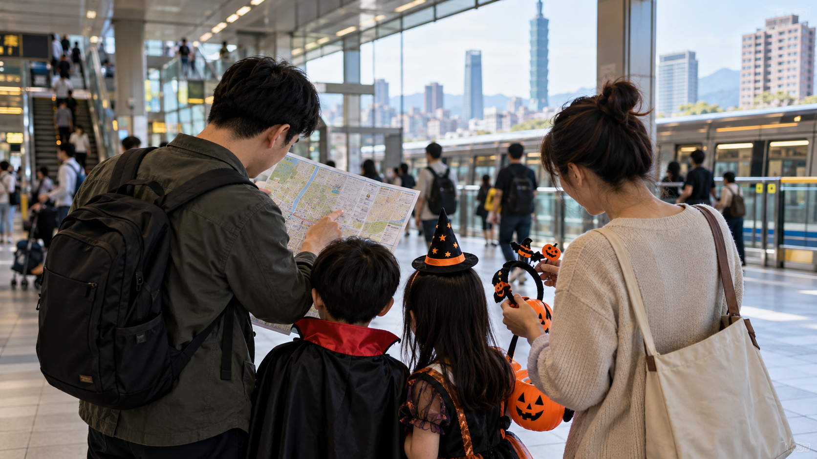 台北捷運車站裡,一家人準備光復節連假出遊;AI 情境示意,非活動現場